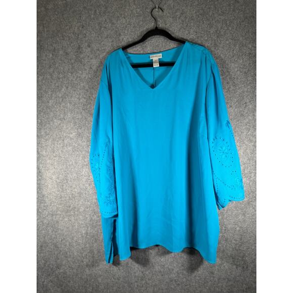 Catherines‎ Blouse Women 4X Blue V Neck Long Sleeve Eyelet Detail Relax Mature - Picture 1 of 8